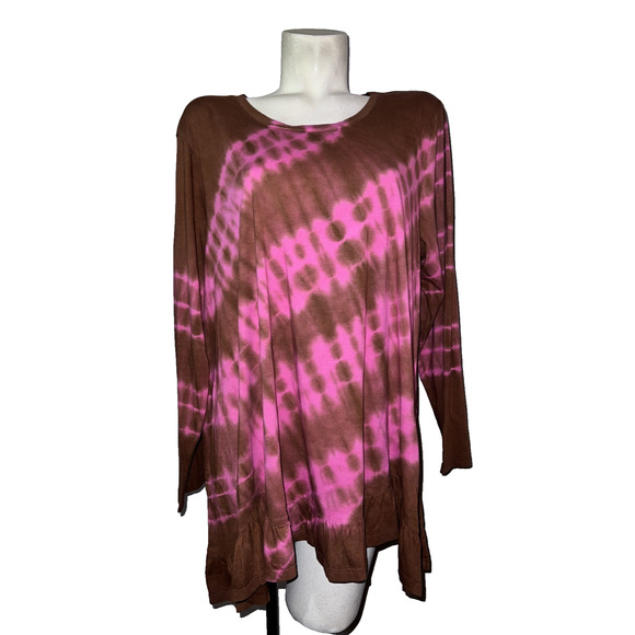LOGO by Lori Goldstein Top Plus Size 2X Pink Brown Hand-Dye Peplum Shirt A611251 - Picture 1 of 6